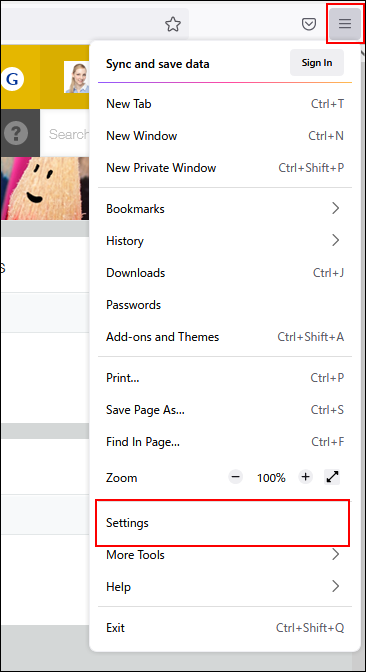 Screen capture: Selecting settings