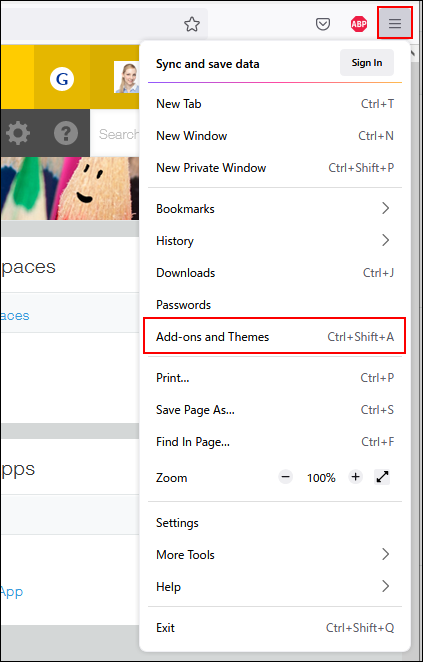 Screen capture: Selecting Add-ons and themes