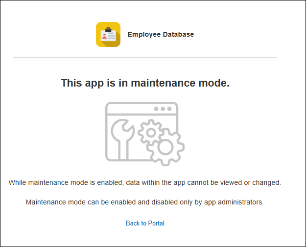 Screenshot: The "This app is in maintenance mode" message is displayed on an app's "View" screen