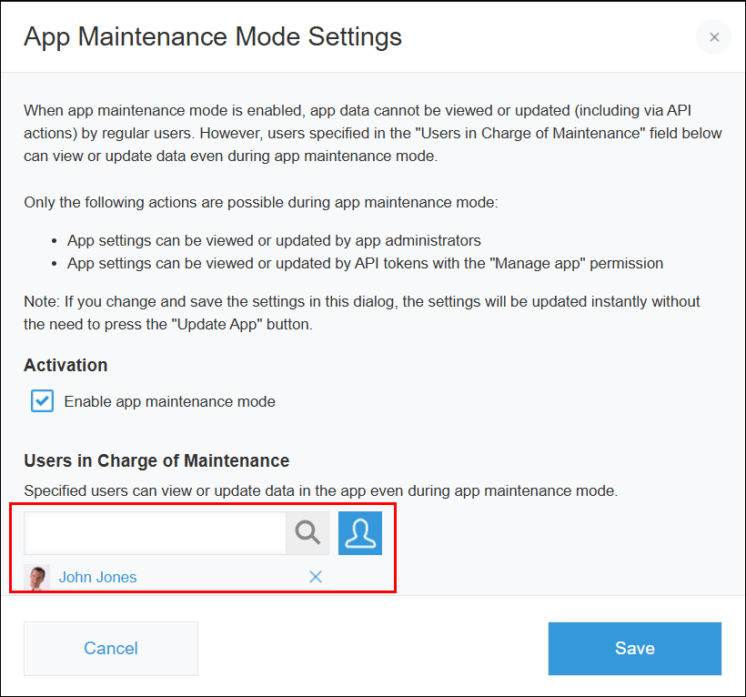 Screenshot: The "Users in charge of maintenance" section is highlighted on the screen for enabling app maintenance mode