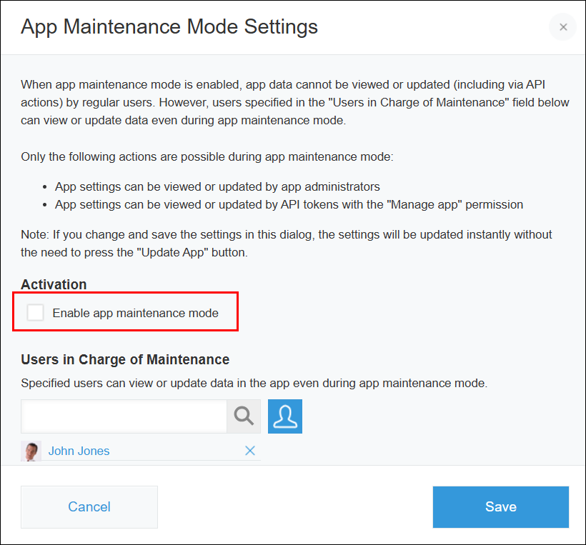 Screenshot: "Enable app maintenance mode" is not selected