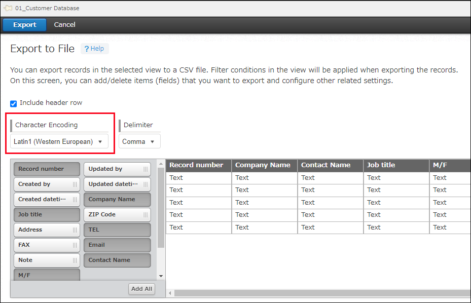 Screenshot: The "Export to File" screen. The "Character Encoding" selection area is outlined in red.