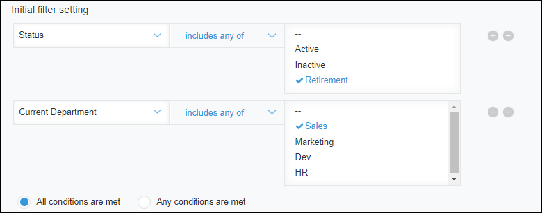 Screenshot: Example of "Initial filter setting" settings