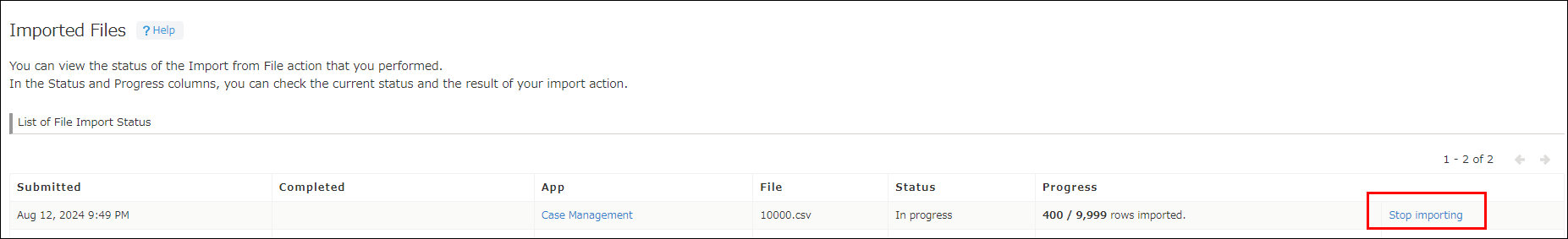 Screenshot: The "Stop importing" button is outlined on the "Imported Files" screen