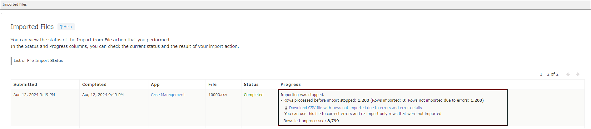 Screenshot: The results of a stopped import process are highlighted on the "Imported files" screen