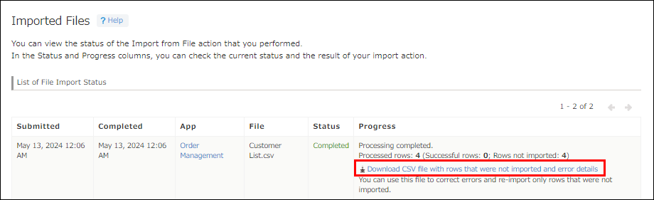 Screenshot: The "Imported Files" screen. The CSV file download link is highlighted.