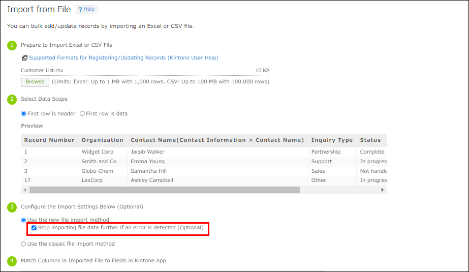 Screenshot: The "Import from File" screen. The "Stop importing file data further if an error is detected (Optional)" checkbox is highlighted.