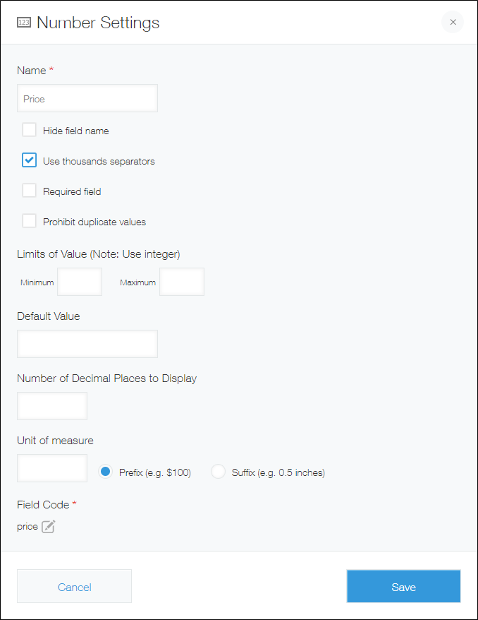 Screenshot: The settings screen of a "Number" field