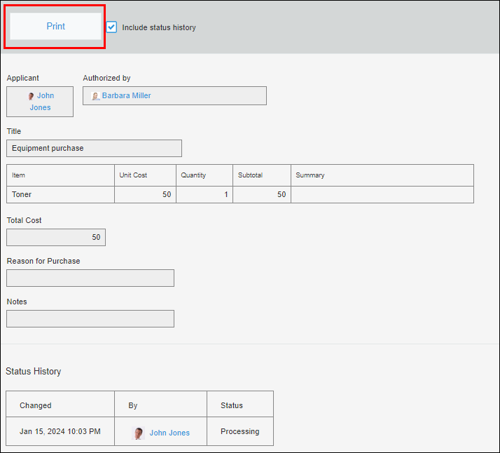 Screenshot: "Print" on the screen for printing a record is outlined in red