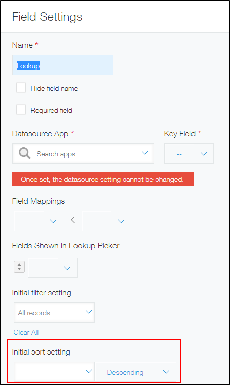 Screenshot: The "Initial sort setting" section on the "Field Settings" screen is outlined in red