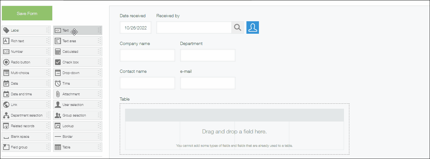 Screenshot: Placing fields in a table on an app form