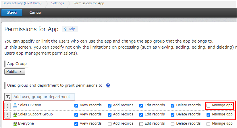 截圖：設定為Sales Division沒有應用程式管理權限、Sales Support Group有應用程式管理權限的設定畫面